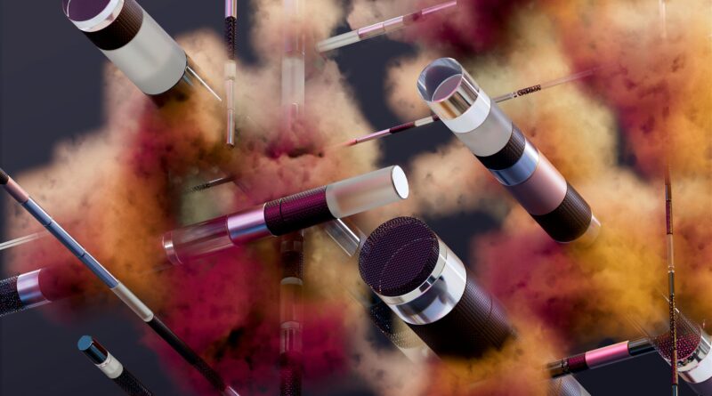 An abstract display of vibrant makeup brushes amidst colorful smoke clouds, showcasing creativity.