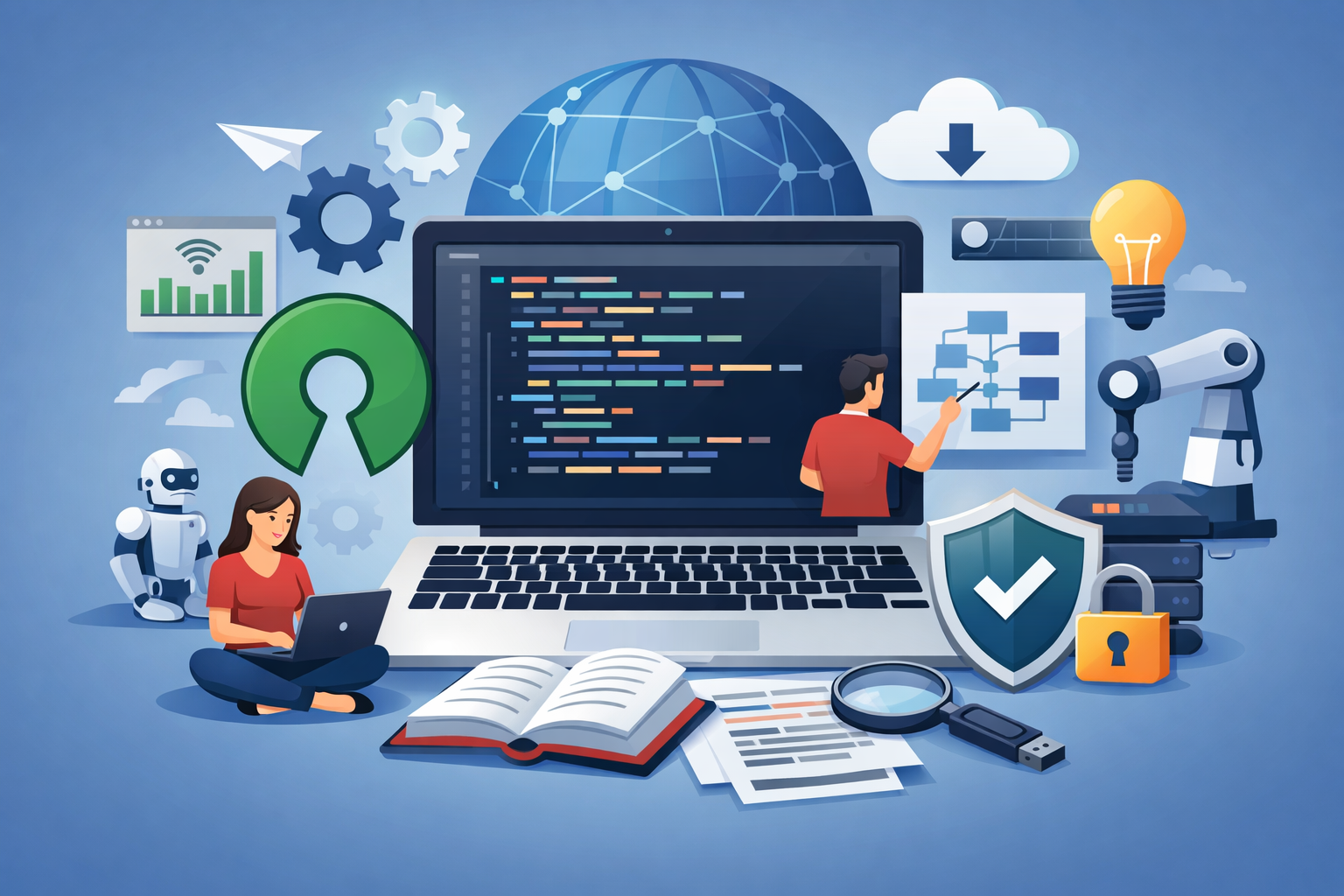 open-source software development showing collaborative coding and technology ecosystem